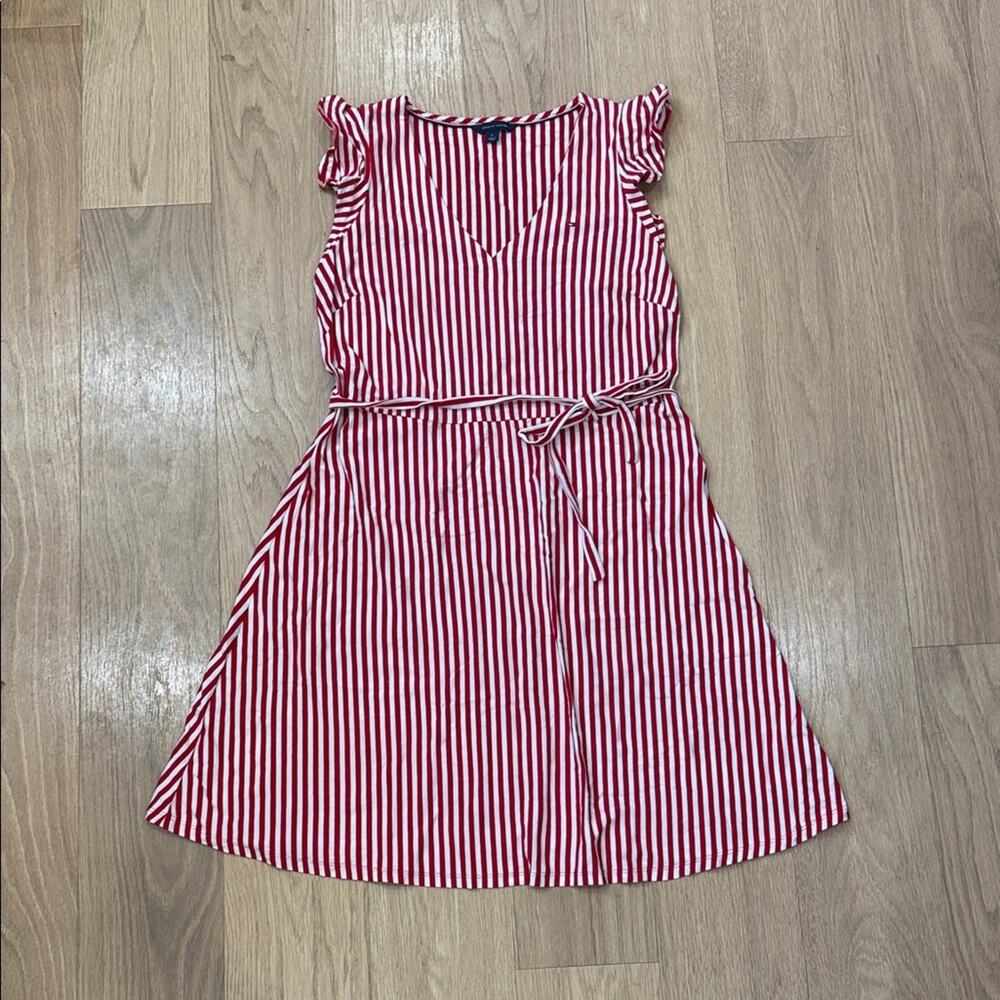 Tommy Hilfiger Red and White V Neck Ruffle Sleeve A Line Belted Dress Size MD